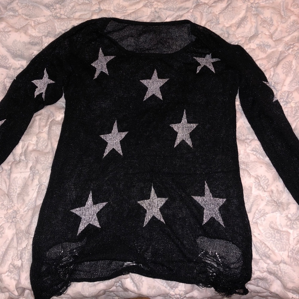 Sheer black and silver distressed star sweater